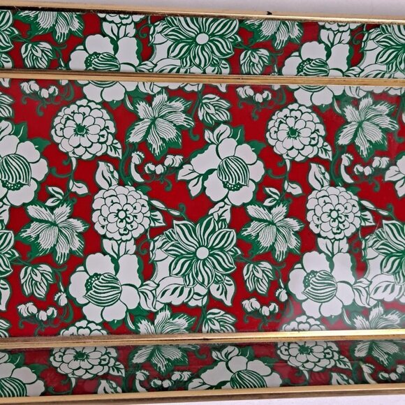 Rectangular Glass Vanity Tray Red Green White Floral Pattern & Gold Metal Trim - Picture 4 of 9
